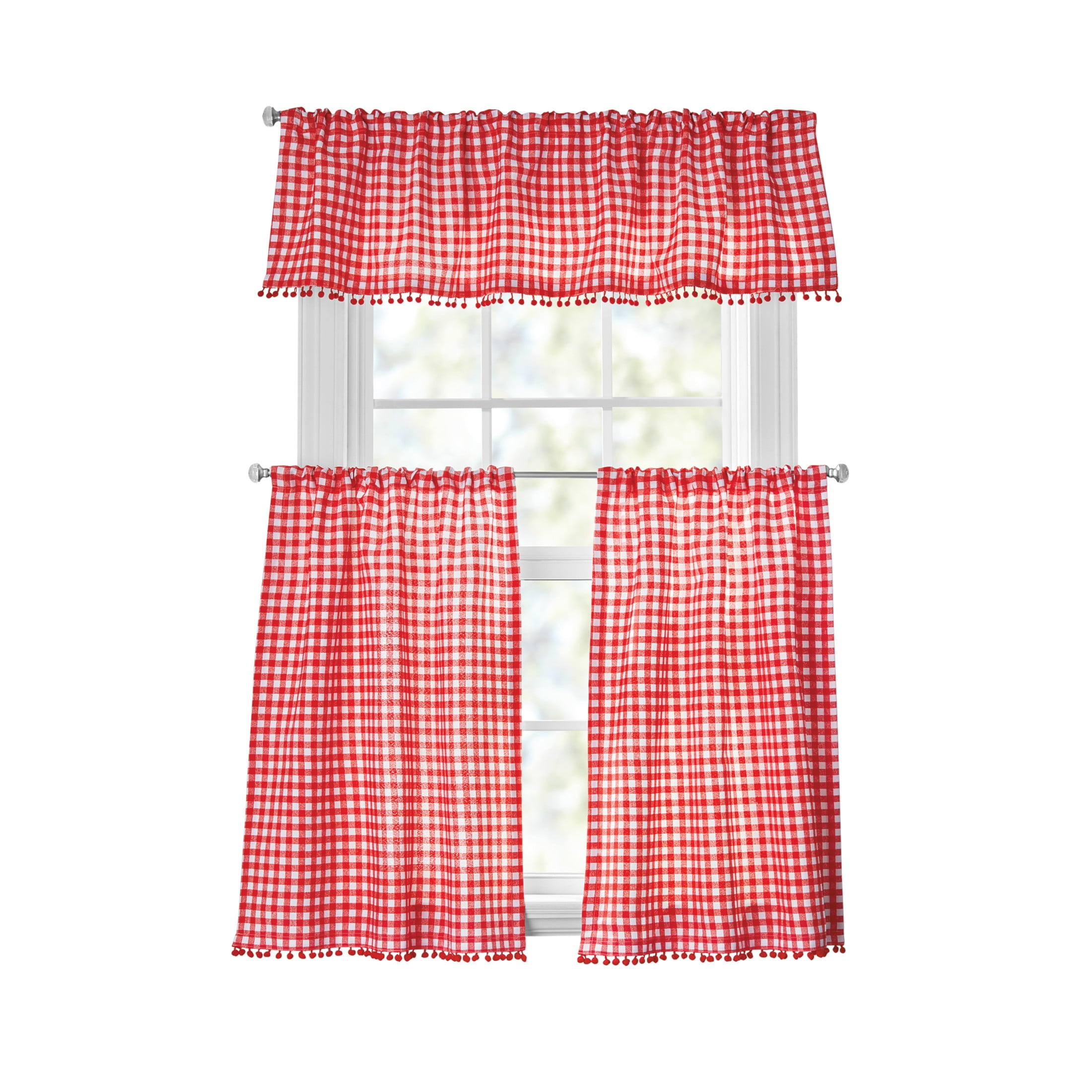 The Pioneer Woman Red Gingham Tiers and Valance Set, 60" W x 36" L