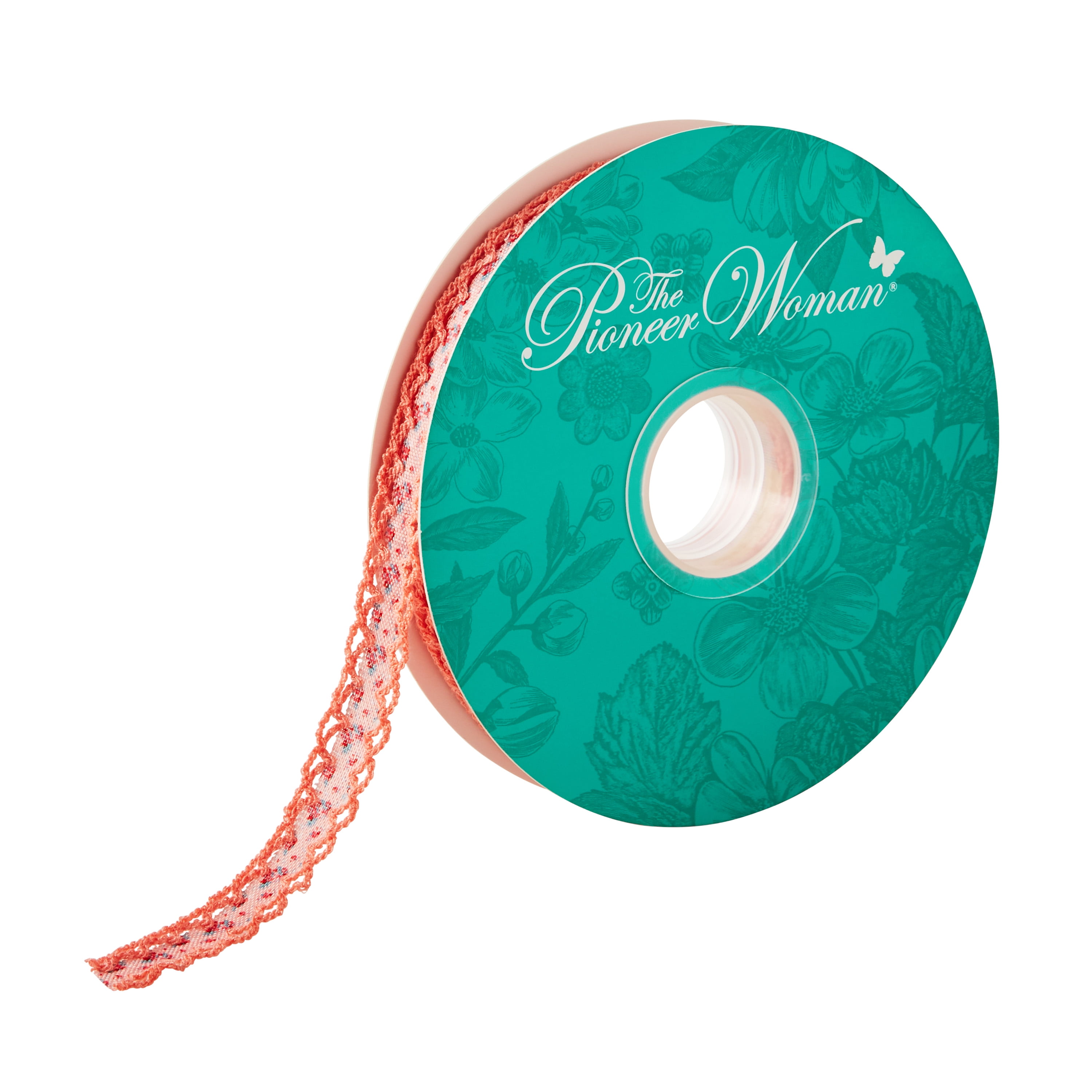 The Pioneer Woman Rose Ditsy Cotton Crochet Scalloped Edge Ribbon, 7/8\" x 20 Yards