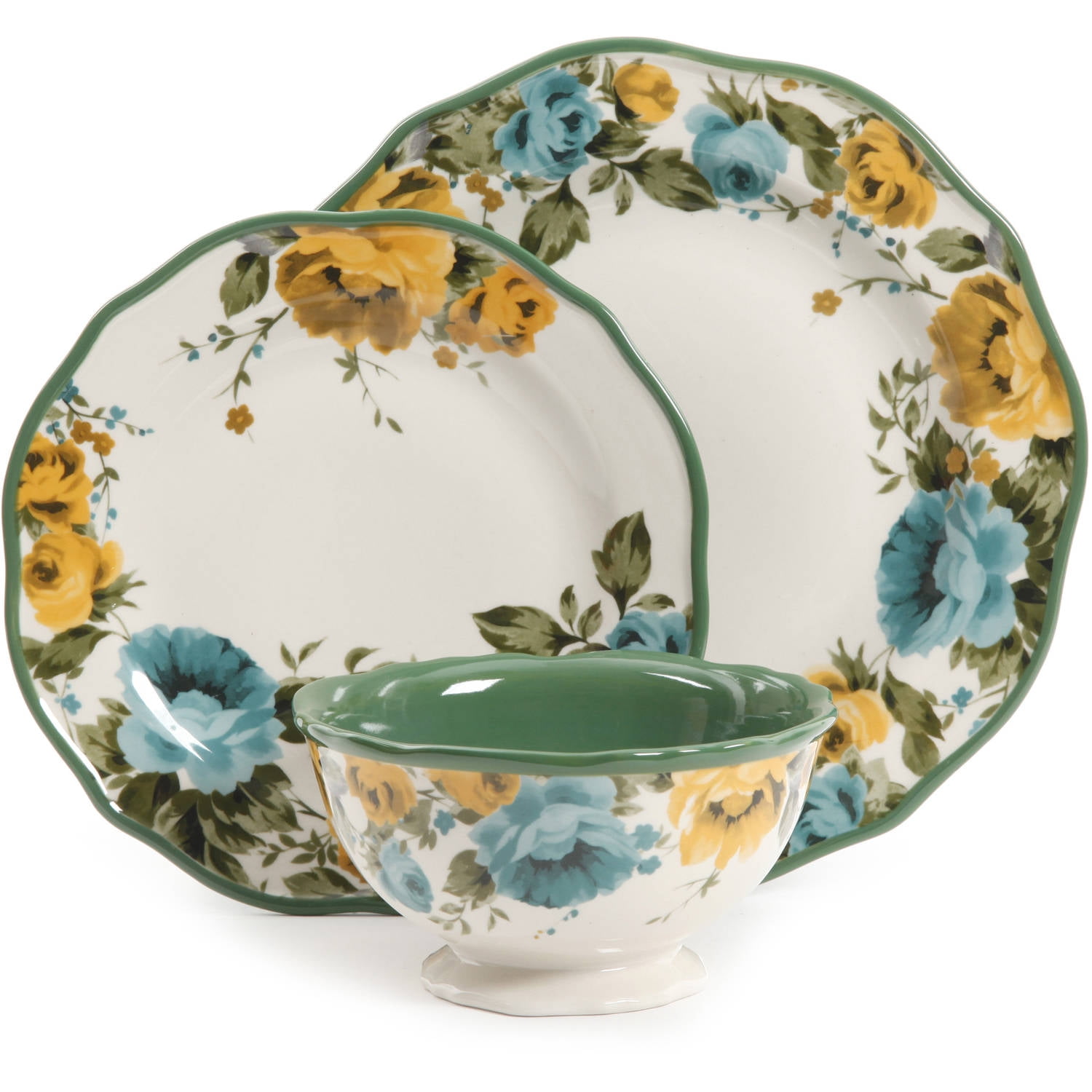 Blue and Yellow Floral Porcelain 16-Piece Dinnerware Set