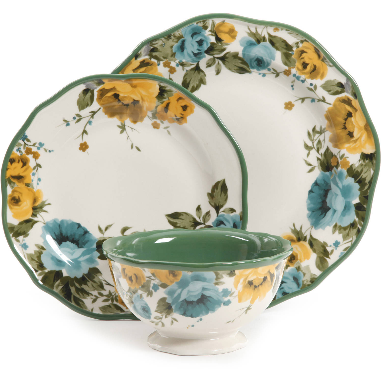 The Pioneer Woman Rose Shadow Green Ceramic 12-Piece Dinnerware Set - image 1 of 5