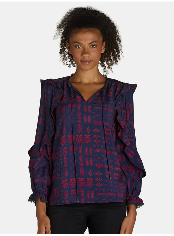 The Pioneer Woman Ruffle Blouse with Long Sleeves, Sizes S-3X, Women’s