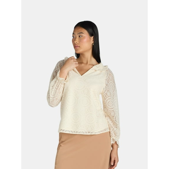 The Pioneer Woman Ruffle Collar Lace Blouse with Long Sleeves, Sizes XS-3X, Women's