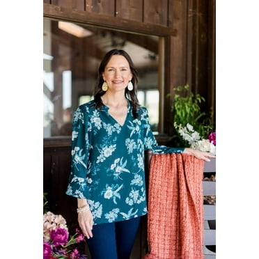 The Pioneer Woman Ruffle Neck Blouse with Flounce Sleeves, Women's