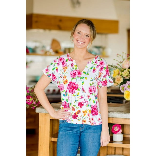 The Pioneer Woman Ruffle Sleeve Top with Notched Neck - Walmart.com