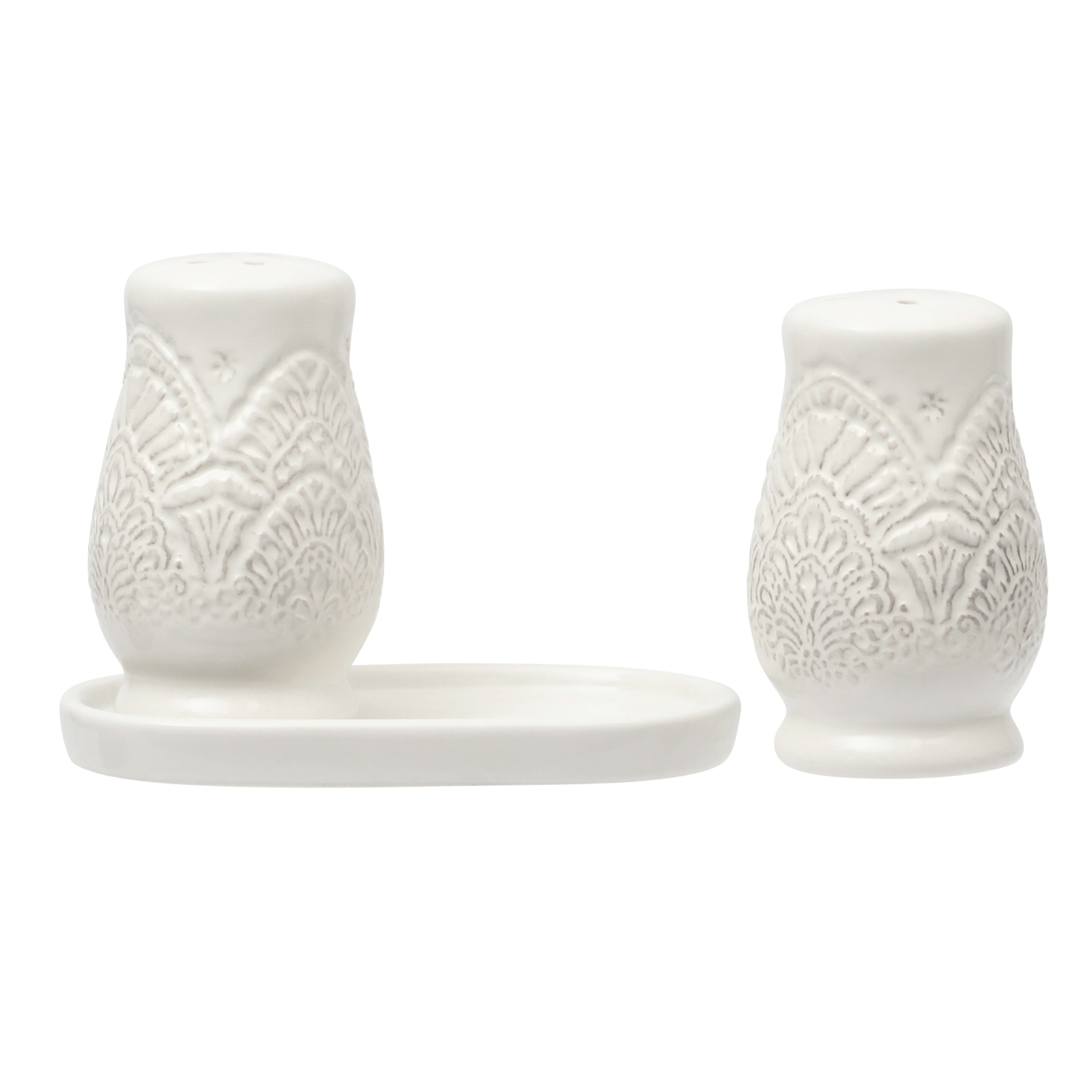 The Pioneer Woman Vintage Lace Stoneware Salt & Pepper Shaker Set, Linen
