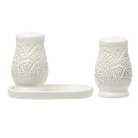 The Pioneer Woman Vintage Lace Stoneware Salt & Pepper Shaker Set, Linen