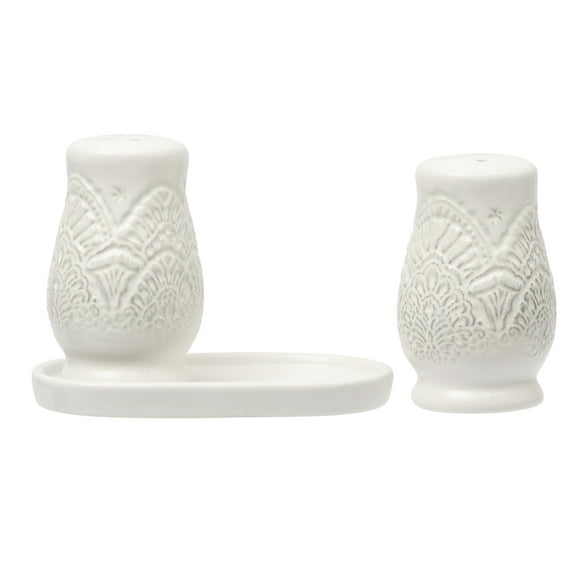 The Pioneer Woman Vintage Lace Stoneware Salt & Pepper Shaker Set, Linen