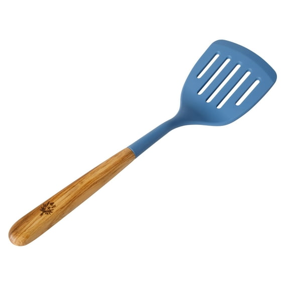 The Pioneer Woman Silicone Slotted Turner with Olivewood Handle, Blue