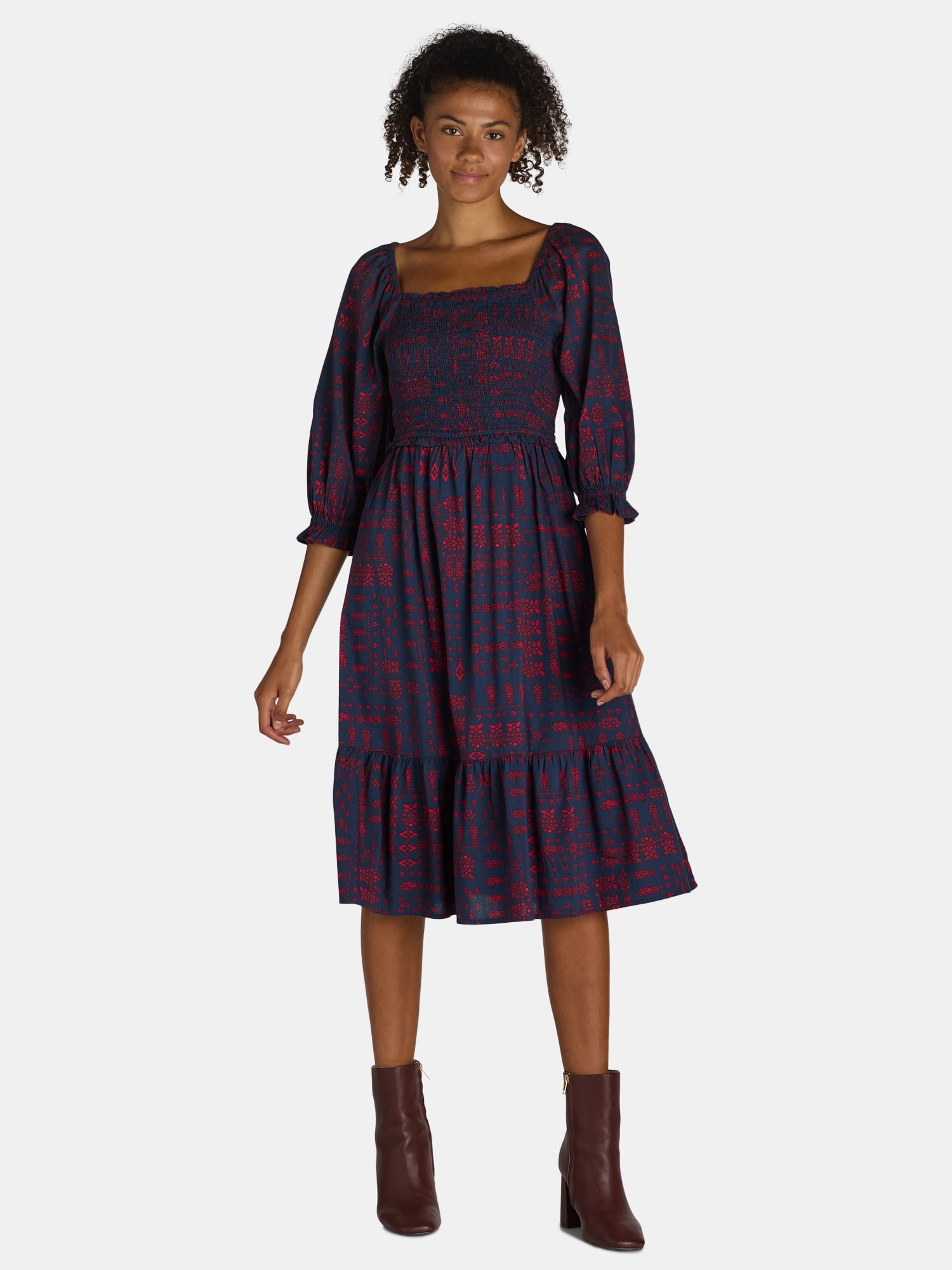 The Pioneer Woman Smocked Bodice Midi Dress, Womens and Womens Plus,  Sizes XS-3X