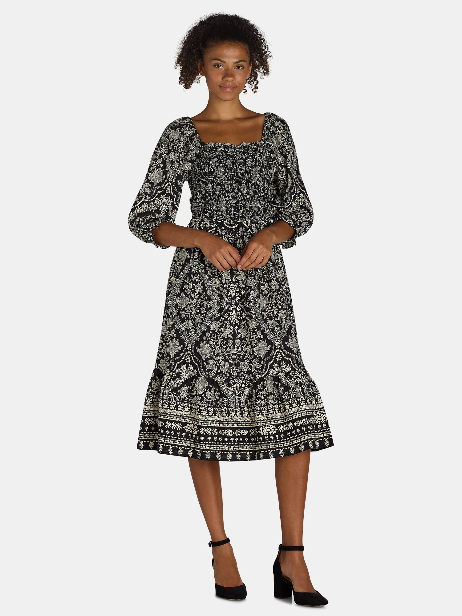 The Pioneer Woman Smocked Bodice Midi Dress, Womens and Womens Plus,  Sizes XS-3X