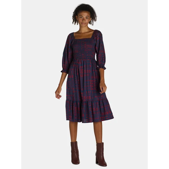The Pioneer Woman Smocked Bodice Midi Dress, Women’s and Women’s Plus, Sizes XS-3X