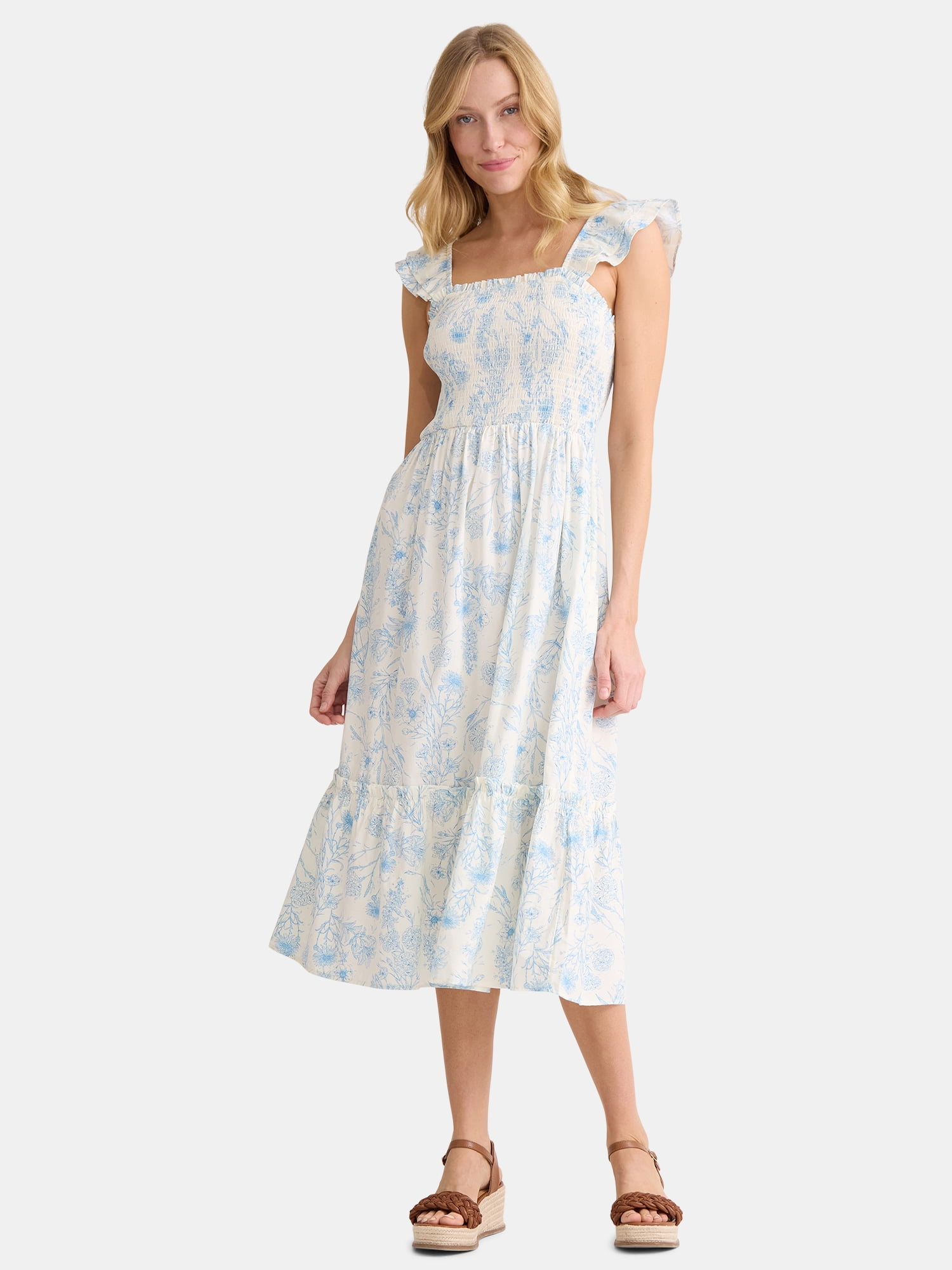 The Pioneer Woman Smocked Flutter Midi Dress, Sizes S-XXL, Women’s
