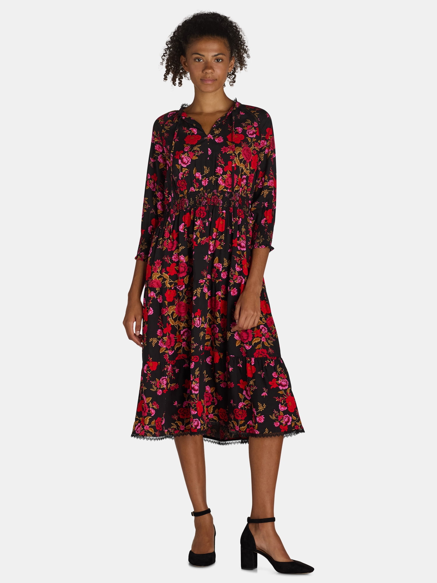 red pioneer dress The Pioneer Woman Smocked Waist Maxi Dress, Women's Plus Sizes XS-3X, 100%  Viscose
