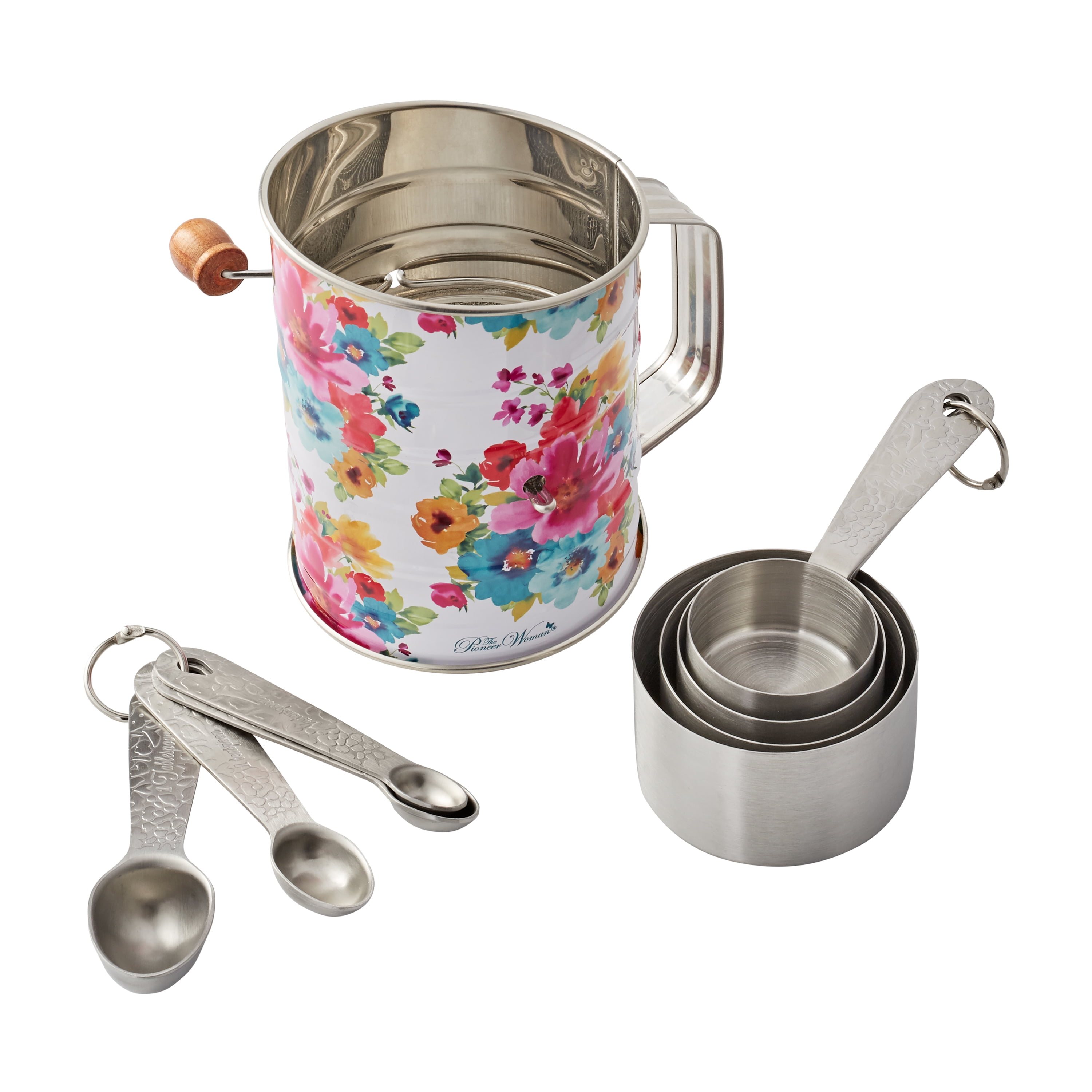 The Pioneer Woman Stainless Steel Sifter and Measuring Cups and Spoons Kitchen Bundle