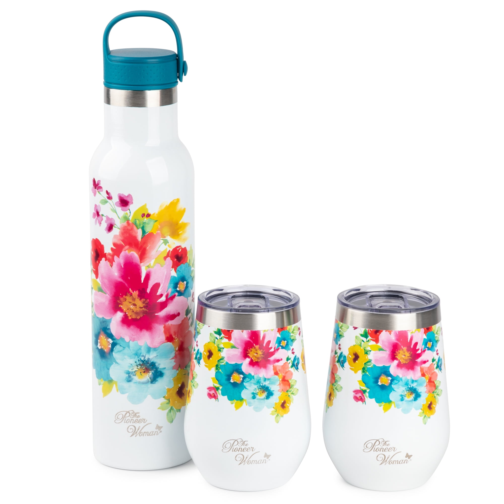 The Pioneer Woman Stainless Steel Tumbler 25 fl oz, Floral, with 2 Wine Tumblers