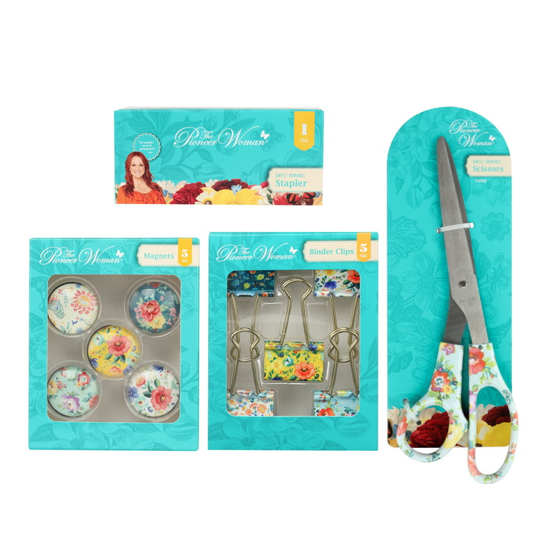 The Pioneer Woman Stationery Set for Office, Home, School, Set of Scissors,  Stapler, 5pcs Magnets & 5pcs Binder Clips, Multicolor 