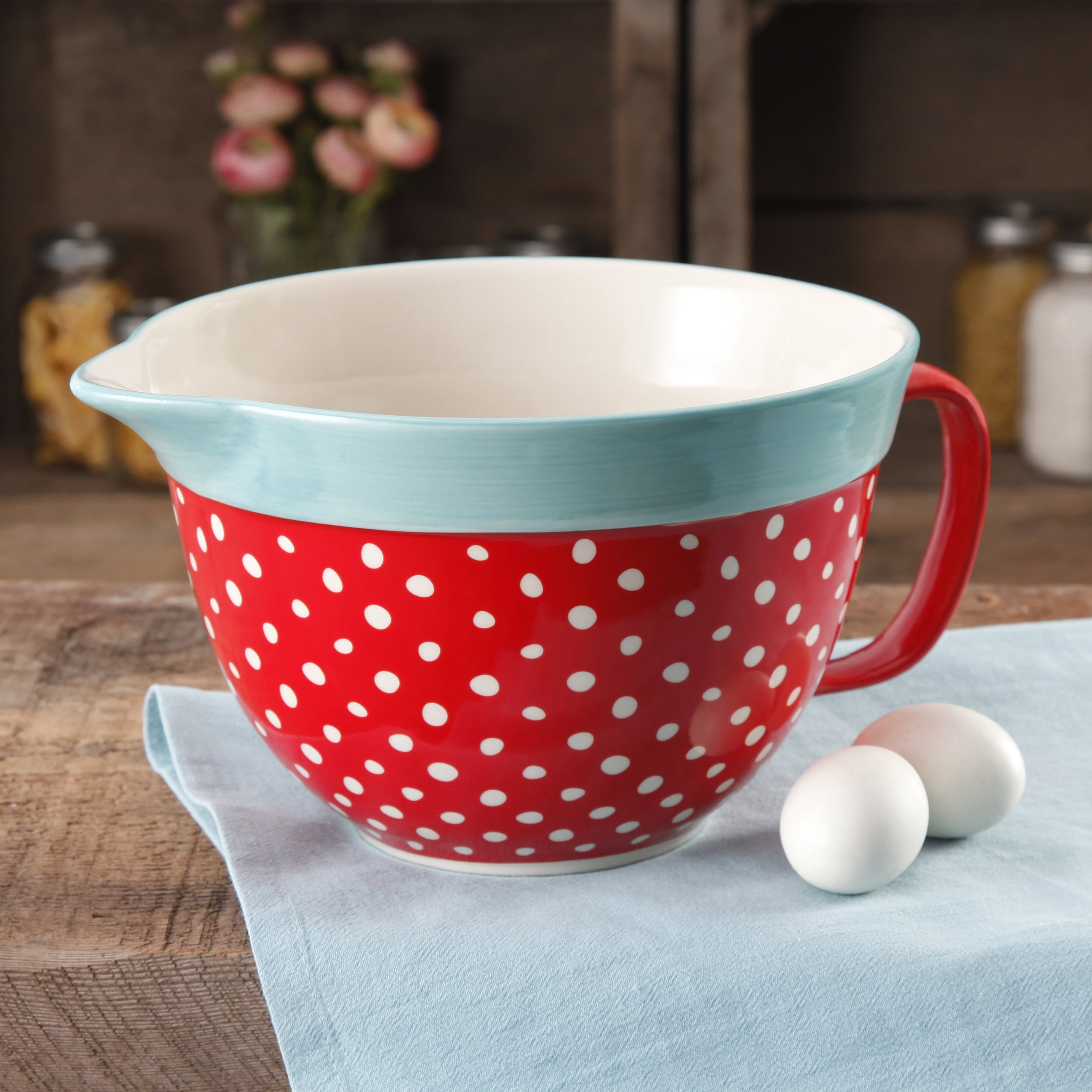 Pioneer Woman Large Mixing Bowl / Polka Dots / Stoneware / Collectible /  Keepsake / Teal / Red / Country Kitchen / Housewarming Gift 
