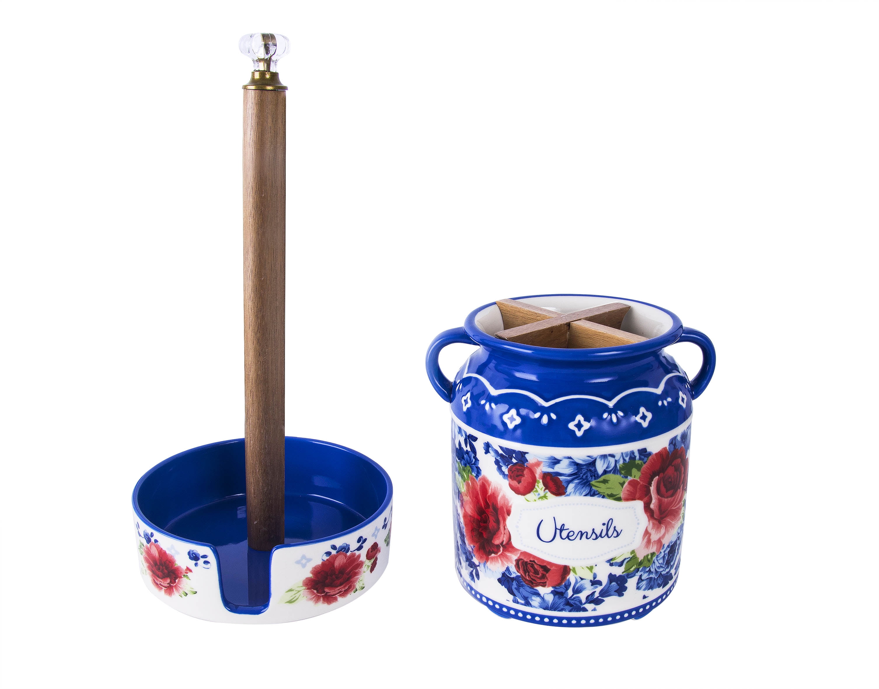 The Pioneer Woman Floral Stoneware Paper Towel Holder and Utensil Holder Combo, 2 Pieces