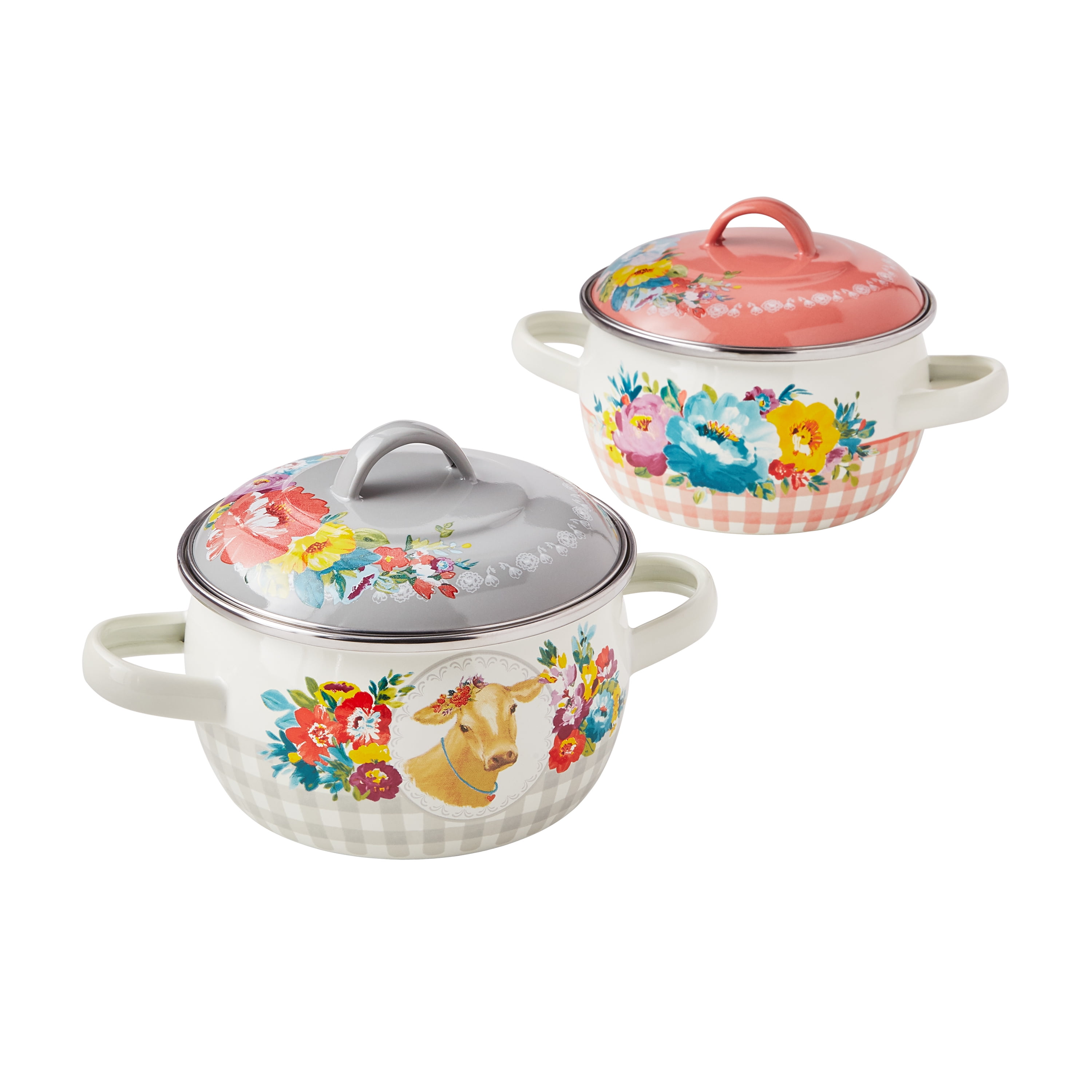 The Pioneer Woman Sweet Romance 1.05-Quart Enamel on Steel Mini Dutch Oven with Lid, Set of 2 - Gingham Novelty