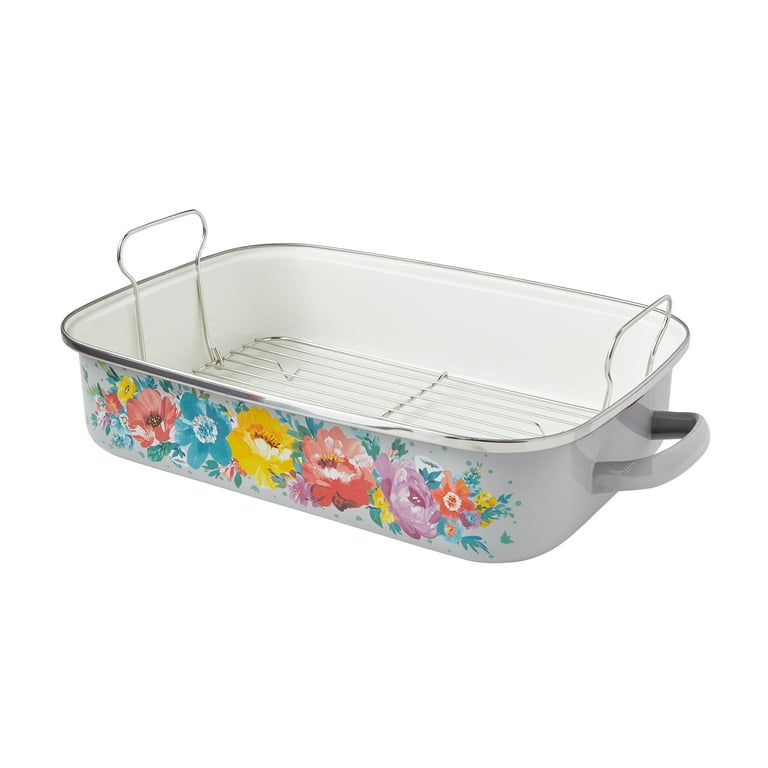 The Pioneer Woman Sweet Romance 2 Piece 16 inch Enamel on Steel Roaster with Rack
