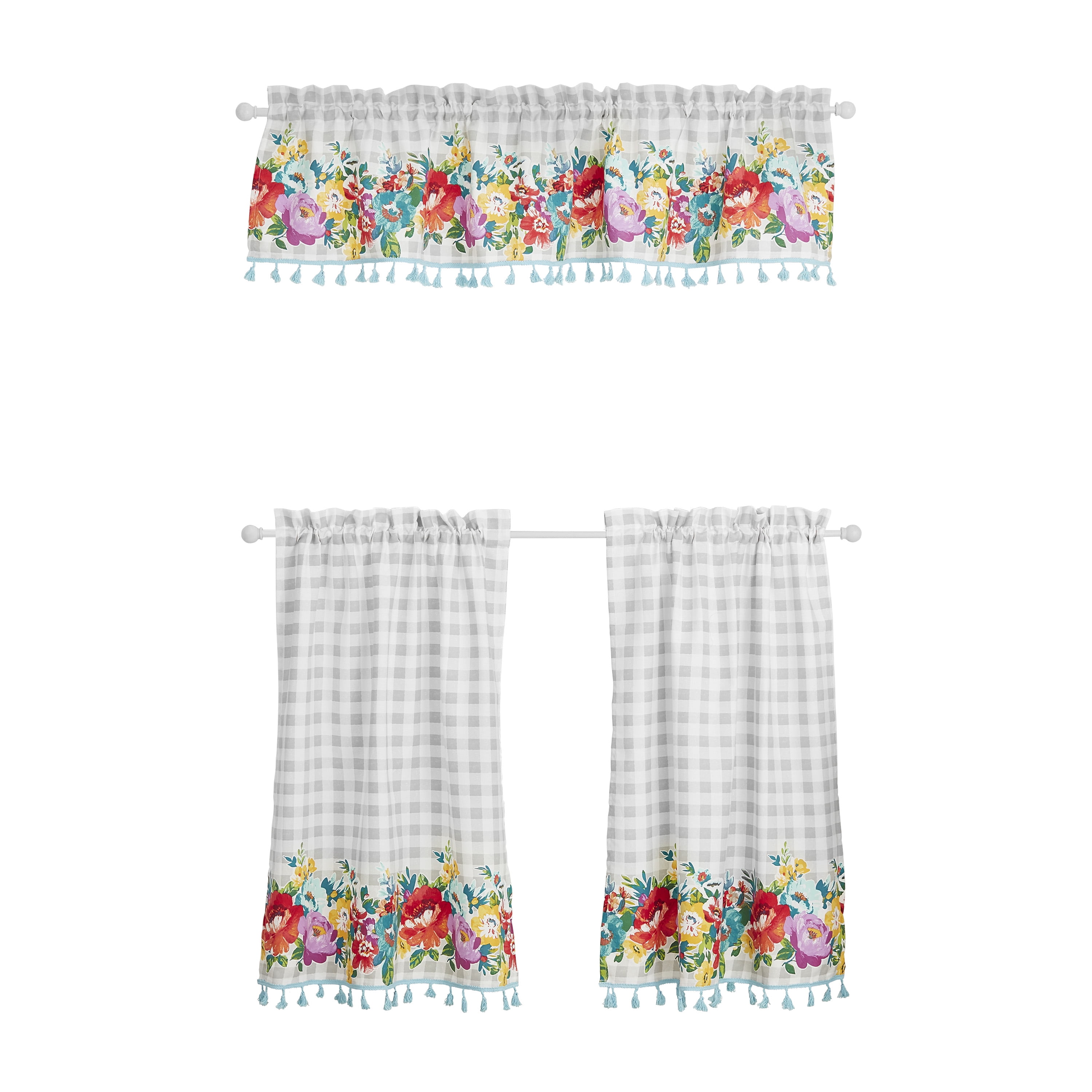 The Pioneer Woman Sweet Romance Floral Tier Pair and Valance Set, 3-Piece, Multicolor, 60" W x 36" L