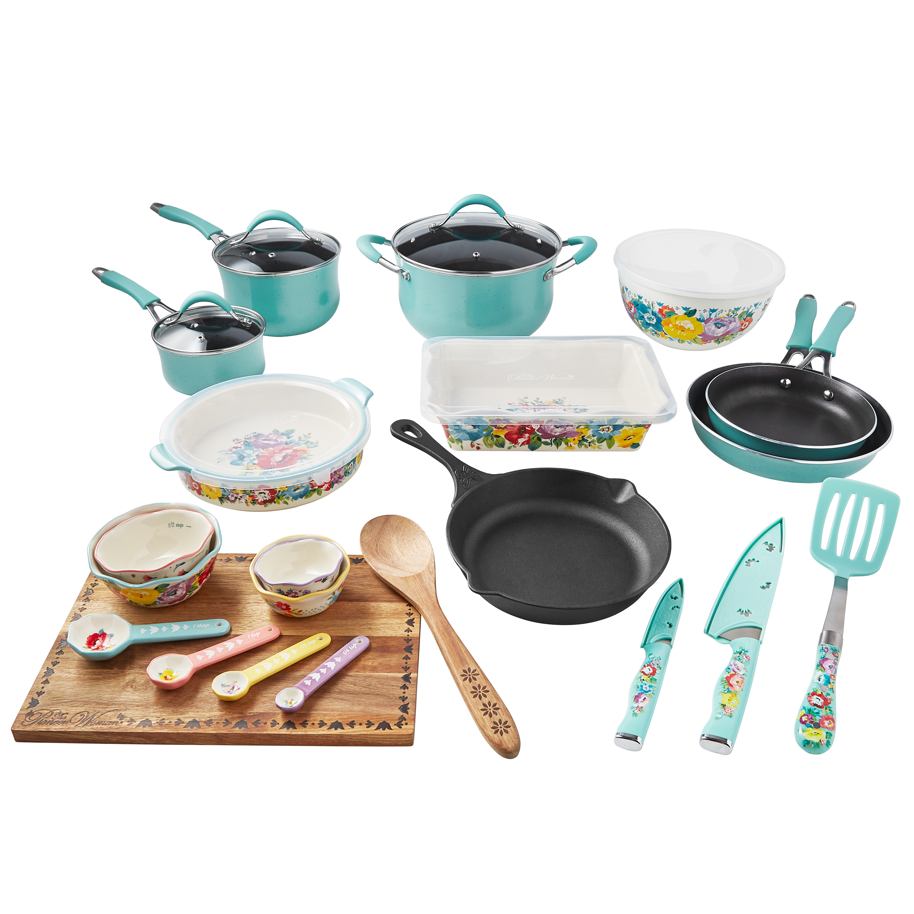 The Pioneer Woman Sweet Romance 30-Piece Nonstick Cookware Set, Turquoise - image 1 of 13