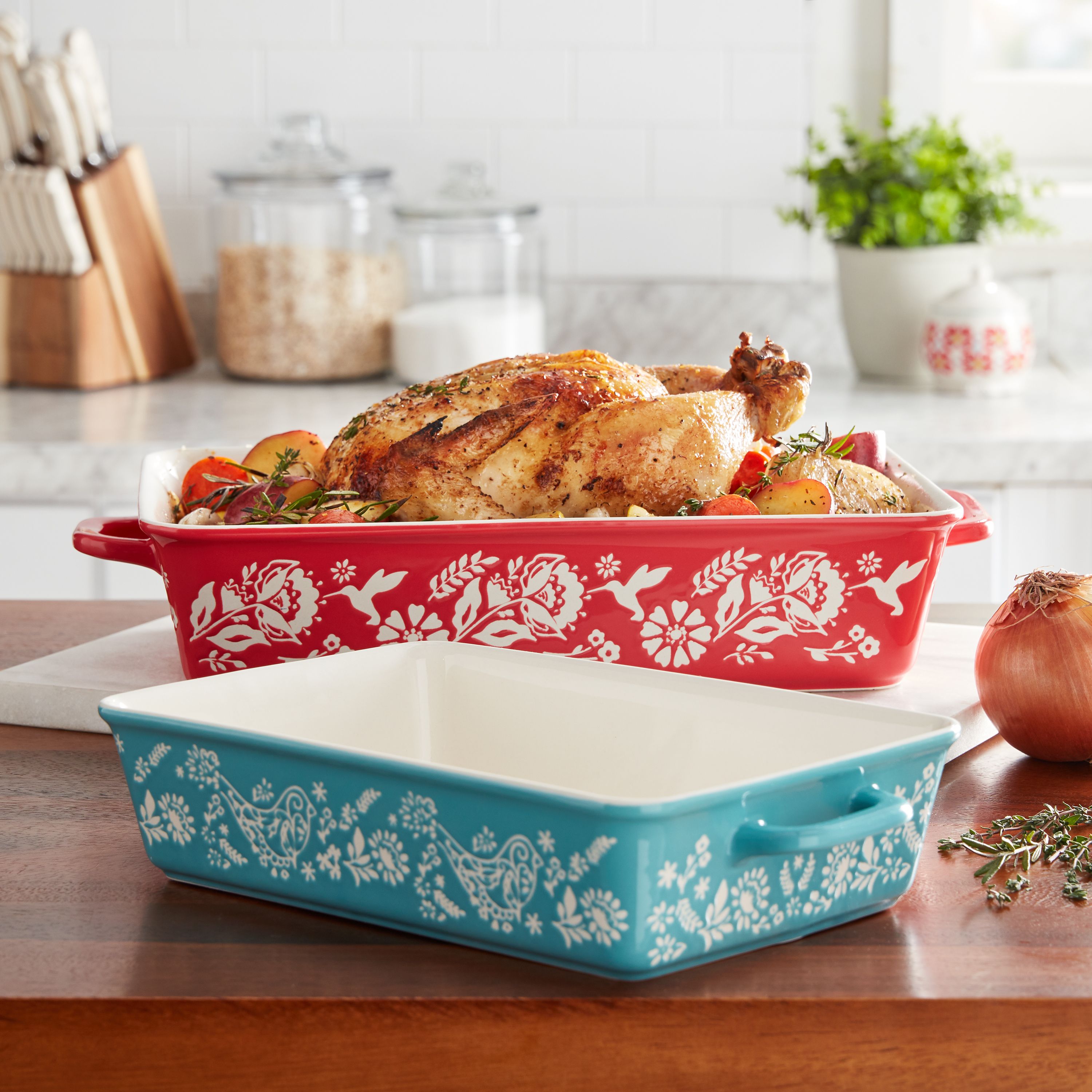 The Pioneer Woman Sweet Romance Blossoms Red, Teal 2-Piece Rectangular Ceramic Baking Dish - image 1 of 11