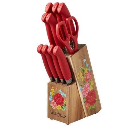 The Pioneer Woman Sweet Rose 11-Piece Stainless Steel Knife Block Set, Red