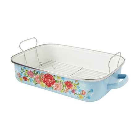 The Pioneer Woman Sweet Rose 16-Inch Enamel on Steel Roaster with Rack