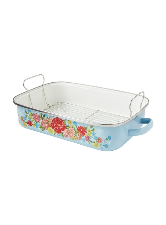 The Pioneer Woman Sweet Rose 16-inch Enamel on Steel Roaster with Rack