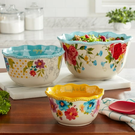The Pioneer Woman Sweet Rose Sentiment Stoneware Serving Bowls, 3-Piece Set
