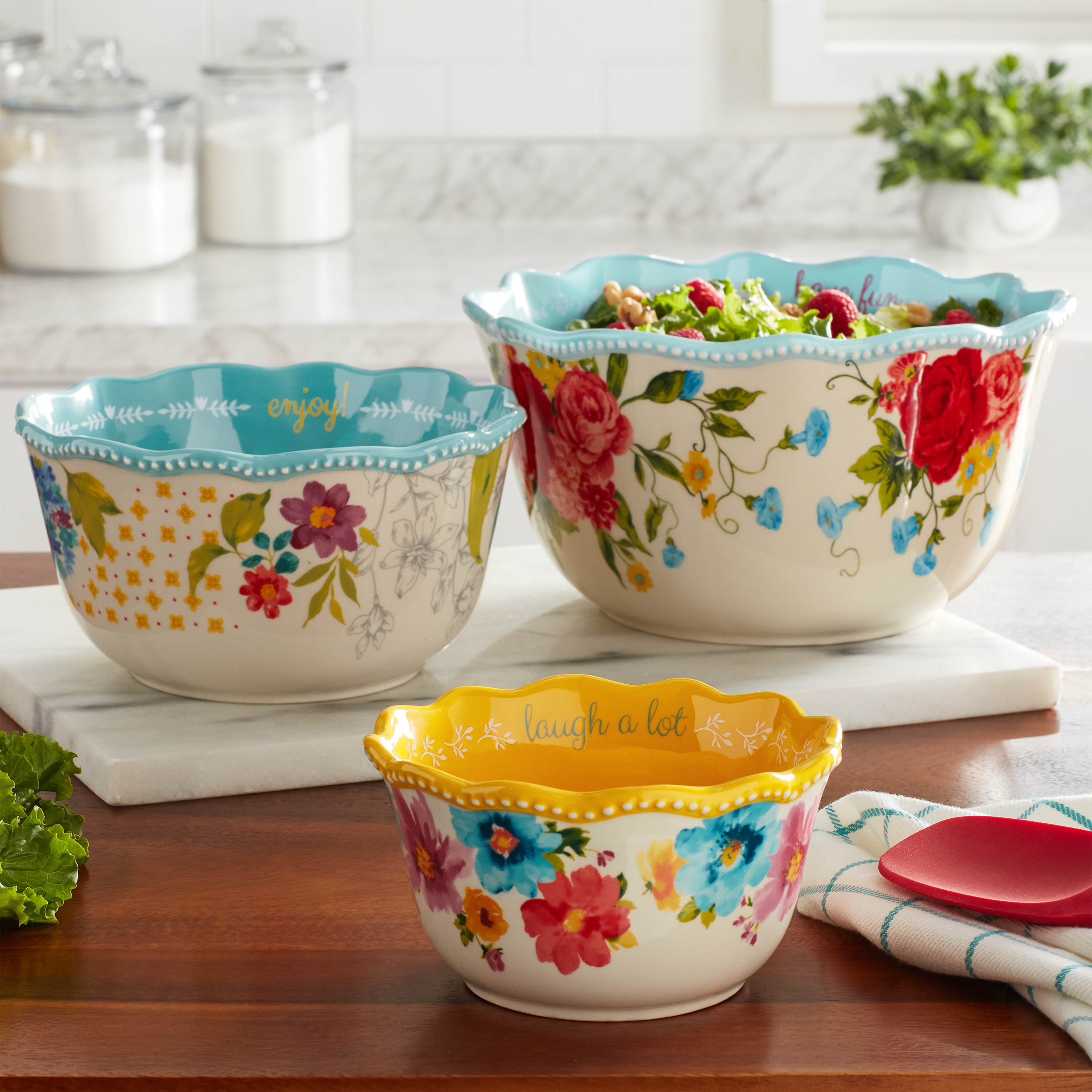 The Pioneer Woman Sweet Rose Sentiment Serving Bowls, 3-Piece Set - image 1 of 6