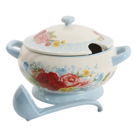 The Pioneer Woman Sweet Rose Turquoise Blue Ceramic 3.17-Quart Soup Tureen with Ladle