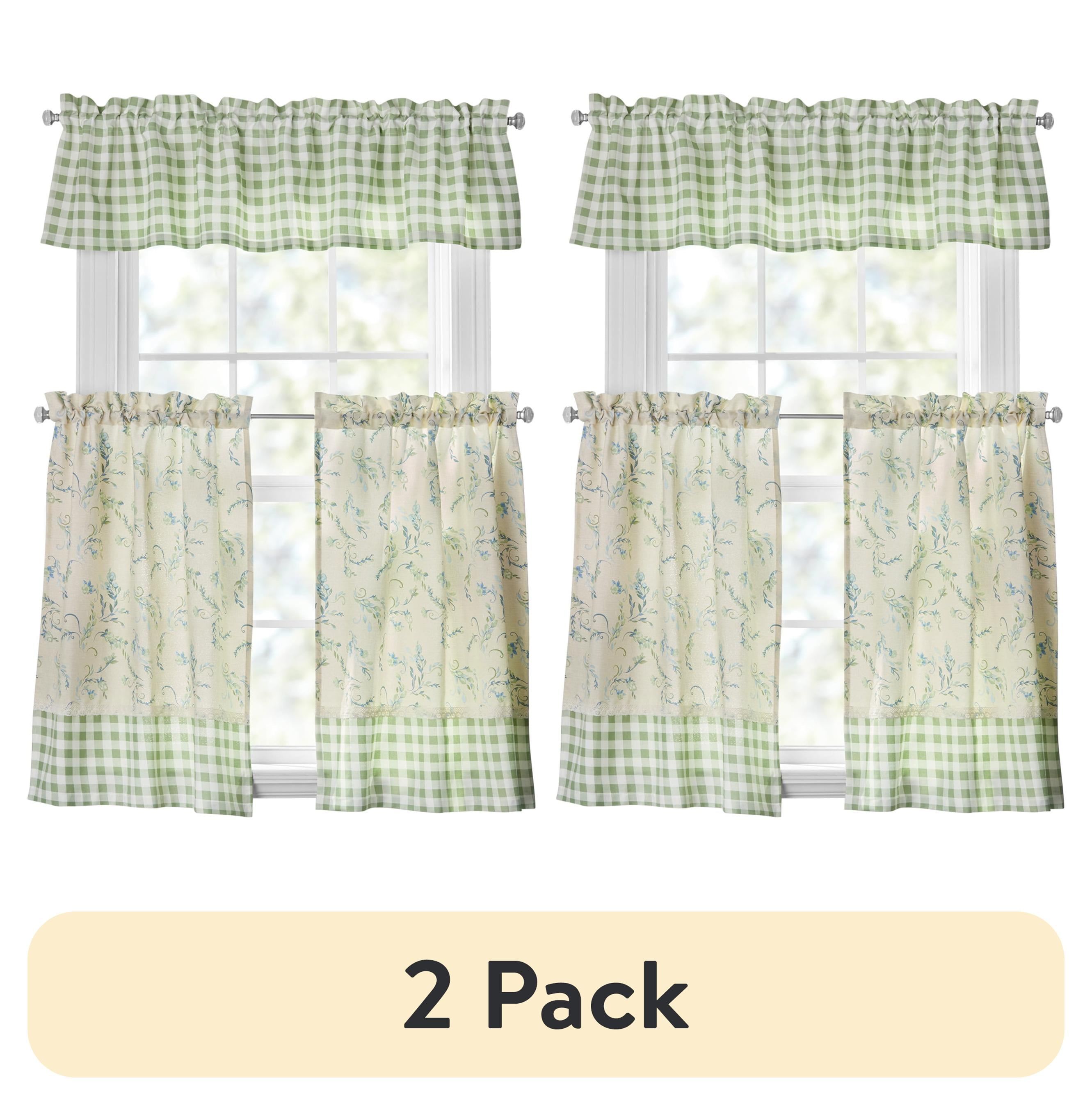 Green Gingham and Botanical Print 3-Piece Rod Pocket Curtain Set