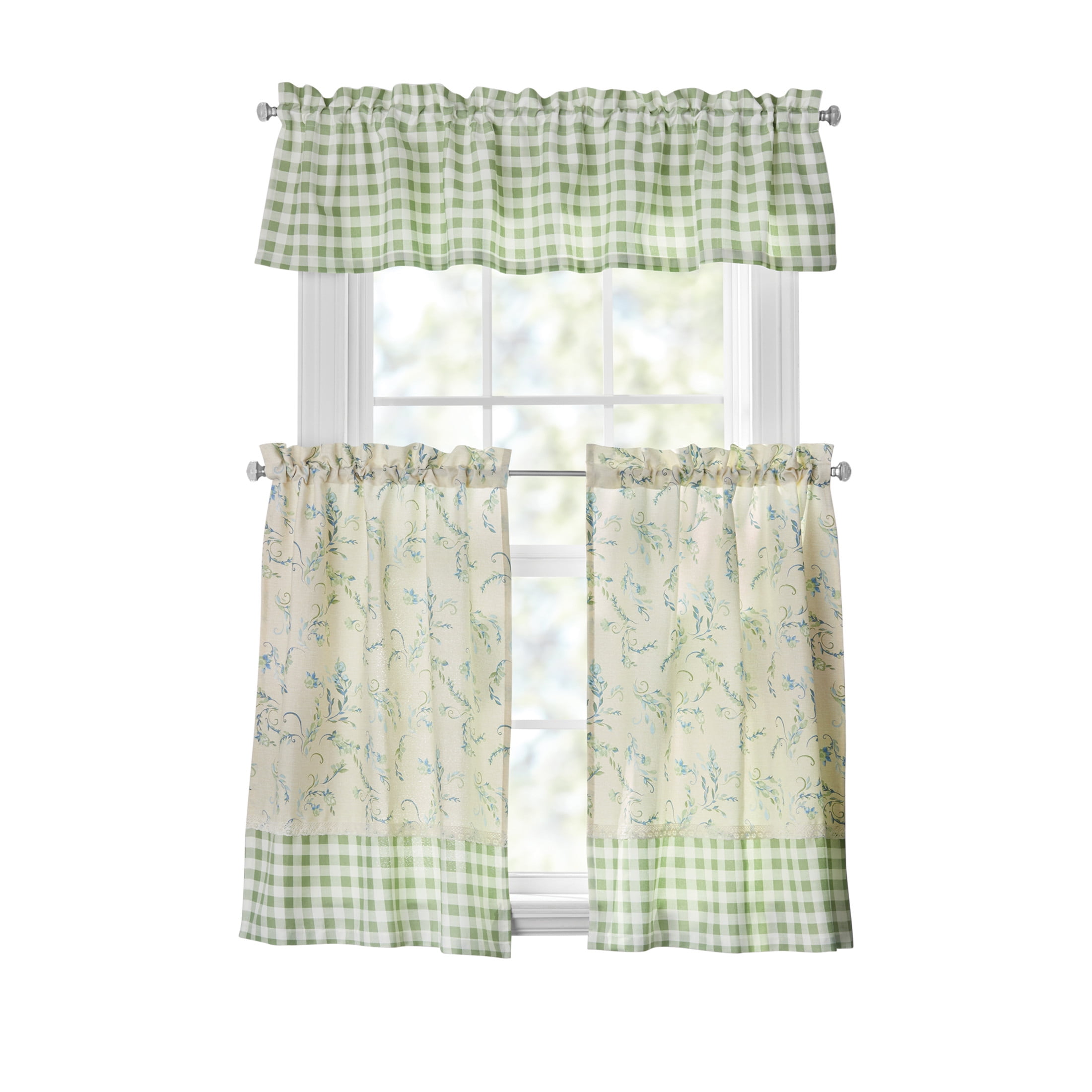 Green Gingham and Botanical Print 3-Piece Rod Pocket Curtain Set