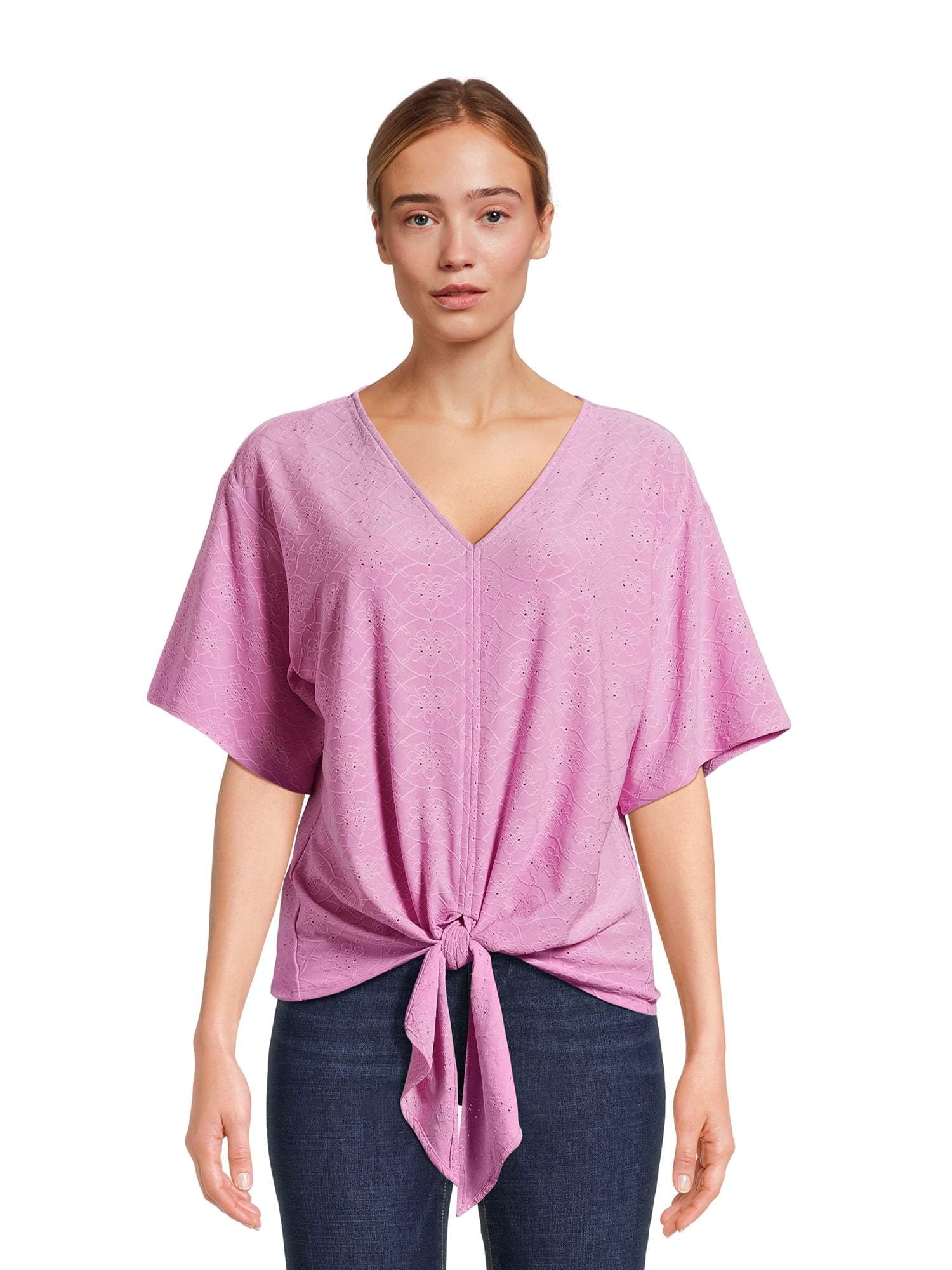 The Pioneer Woman Tie Front VNeck Top with Short Sleeves, Women's, Sizes XS3X