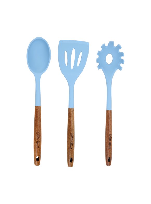 The Pioneer Woman Timeless Beauty 3-Piece Silicone & Acacia Wood Tool Set, Blue Haze