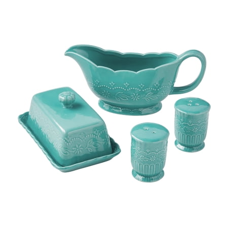 The Pioneer Woman Toni 5-Piece Stoneware Butter Dish, Gravy Boat, and Salt & Pepper Serve Set, Teal