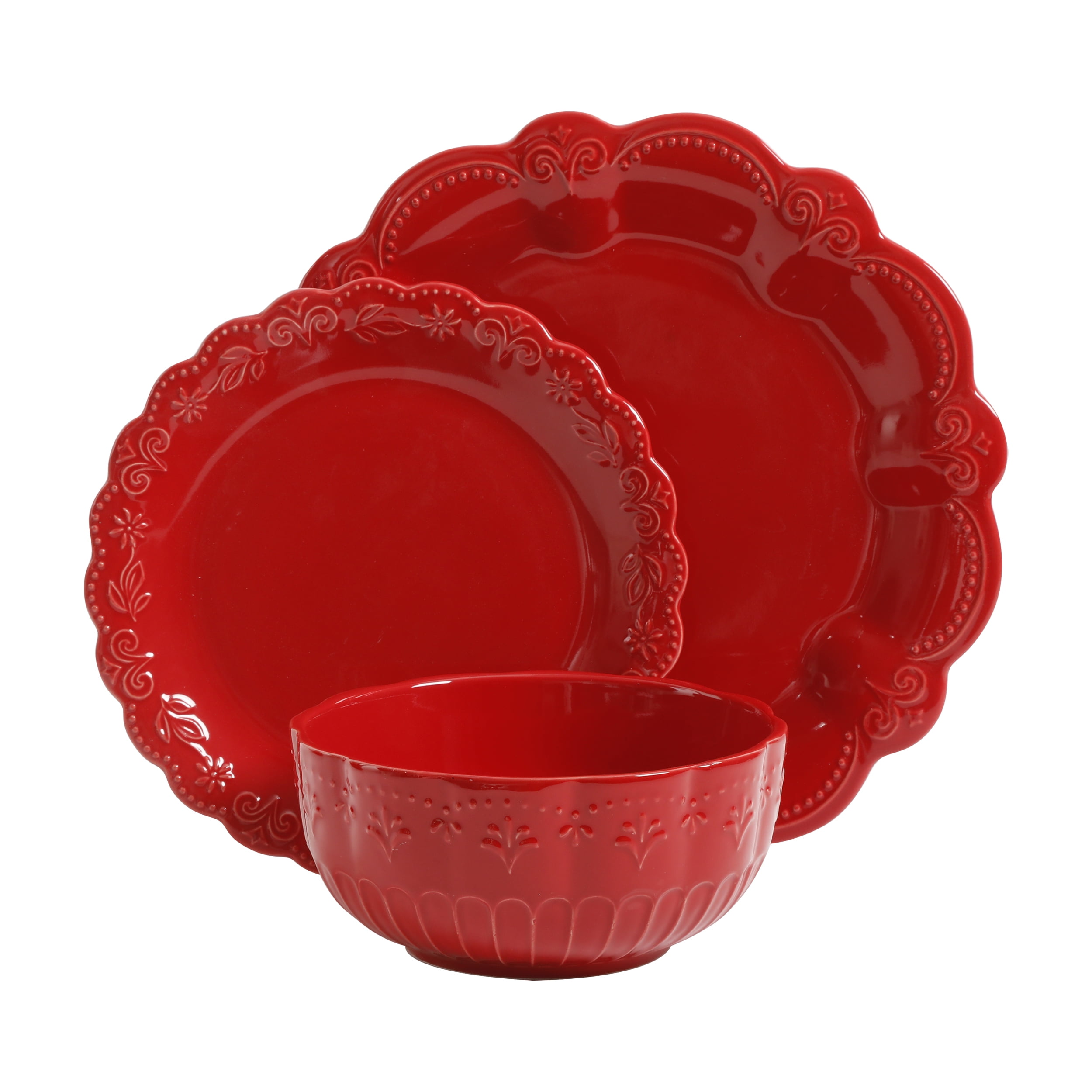 The Pioneer Woman Vintage Floral 12-Piece Dinnerware Set, Red