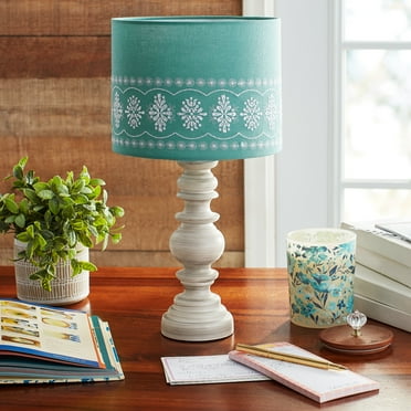 The Pioneer Woman Turned Table Lamp with Blue Eyelet Linen Shade, White