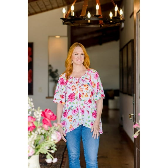 The Pioneer Woman, V Neck Faux Button Front Shark Bite Hem Blouse, Womens