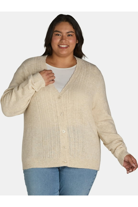 V-Neck Pointelle Cardigan Sweater, Lightweight, Women’s Plus