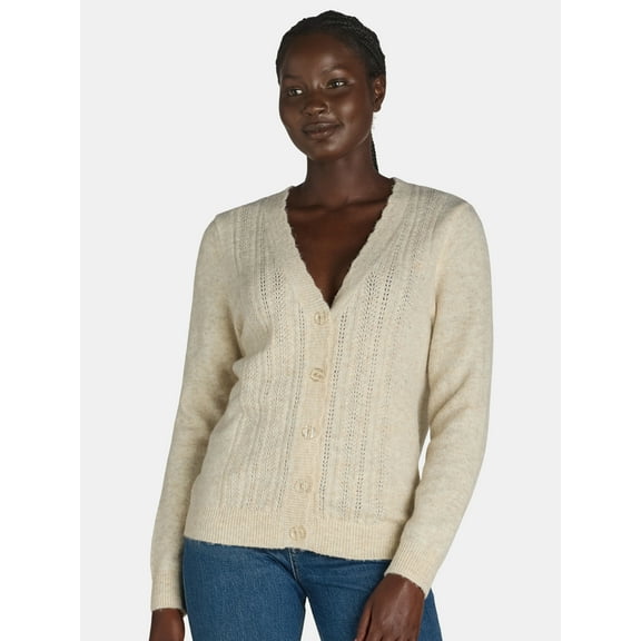 The Pioneer Woman V-Neck Pointelle Cardigan Sweater, Lightweight, Women’s