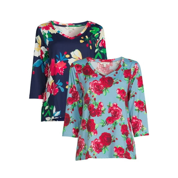 The Pioneer Woman V-Neck T-Shirt with Long Sleeves, 2-Pack, Womens