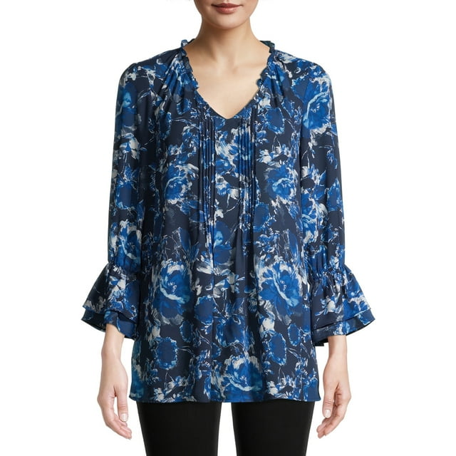 The Pioneer Woman V-Neck Tunic Top with Double Ruffle Sleeves - Walmart.com