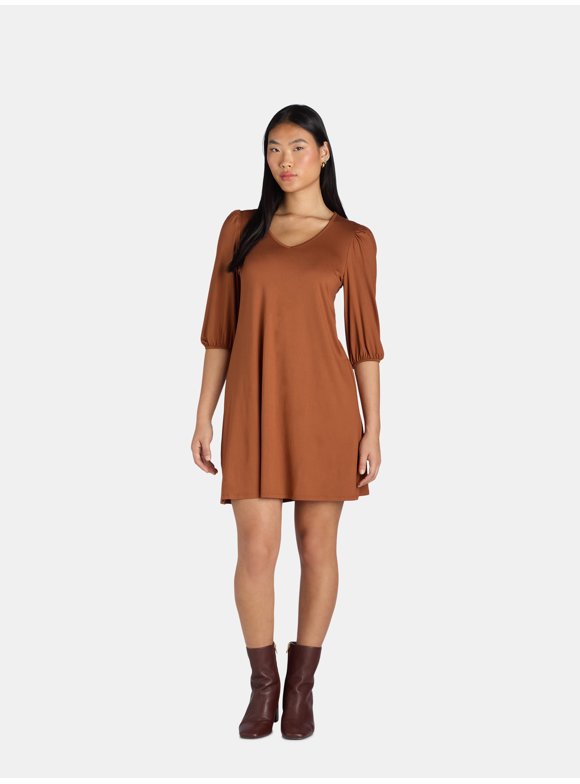 The Pioneer Woman V-Neck Mini Dress with Puff Sleeves, Sizes XS-3X, Women's