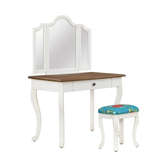 The Pioneer Woman Vanity Set and Stool with Tri-Fold Mirror and Made With Solid Wood Frame, White