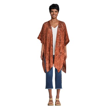 The Pioneer Woman Velvet Burnout Fashion Cover-Up Ruana Layering Piece, Cognac