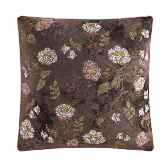 The Pioneer Woman Velvet Embroidered Floral Brown Decorative Pillow, 18" x 18"