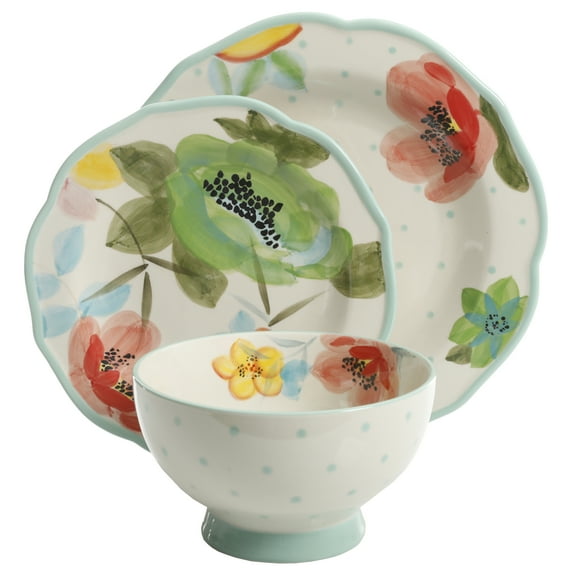 The Pioneer Woman Vintage Bloom 12-Piece Dinnerware Set, Aqua